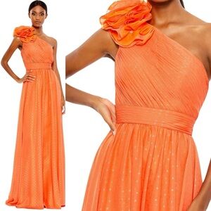 Mac Duggal Orange Polka Dot Ruffled One Shoulder Gown Size 6
